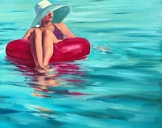 a painting of a woman sitting on an inflatable floater floating in the water