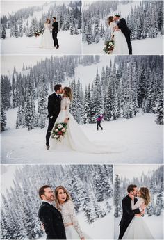 a bride and groom kissing in the snow