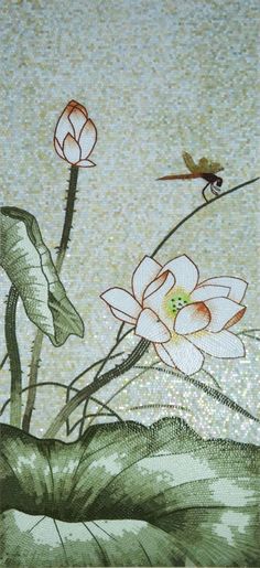 a painting with flowers and dragonflies on it