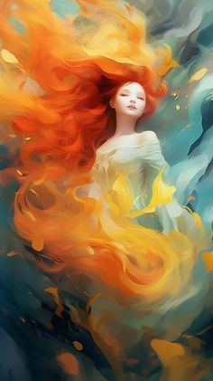 a painting of a woman with red hair floating in the water, surrounded by yellow and orange swirls