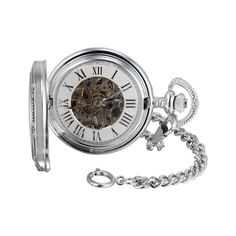 Make a fashion statement with this attractive pocket watch from James Michael. The brushed silver-tone case has an antique-finished scroll bezel With a white skeleton dial, the timepiece shows off the mechanical, hand-wound movement Silver-tone hands and Roman numeral markers decorate the watch dial This style measures 1 3/4" x 2 1/2" x 1/2" Personalize the design with the photo frame inside the cover The 13-inch Waldemar silver-tone curb chain secures with a spring ring clasp Silver Steampunk Pocket Watch With Metal Dial, Steampunk Silver Pocket Watch With Metal Dial, Timeless Skeleton Dial Pocket Watch As Gift, Silver Steampunk Watch Accessories Gift, Steampunk Automatic Watch For Formal Occasions, Steampunk Style Silver Watch Accessories For Gift, Steampunk Style Silver Watch Accessories Gift, Steampunk Silver Watch Accessories Gift, Steampunk Watch With Skeleton Dial