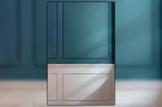 an open door in the middle of a room with blue walls and white trim on it