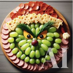 a platter with grapes, sausages and cheese as the face of an animal