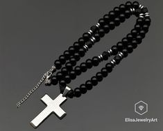 Cross Necklace Natural Matte Black Onyx & Black Onyx Beaded Necklace Grief Crystal Gemstone Strong Clasp Necklace Depression Necklace -ALL THE PRODUCTS AT ELISAJEWELRYART ARE HANDMADE AND MADE WITH NATURAL BEADS. -WHAT DOES THE ONYX STAND FOR    A powerful protection stone, Black Onyx absorbs and transforms negative energy, and helps to prevent the drain of personal energy. Black Onyx aids the development of emotional and physical strength and stamina, especially when support is needed during ti Stainless Steel Cross Pendant, Personal Energy, Cardboard Jewelry Boxes, Physical Strength, Clasp Necklace, Protection Stones, Onyx Bead, Adjustable Necklace, Natural Beads