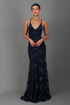 Fit And Flare Dress Prom, V Neck Evening Dress, Prom Fitted Dresses, Dark Blue Formal Dresses, Formal Ball Dresses, Elegant Blue Dresses, Navy Blue Sparkly Prom Dress, Midnight Blue Prom Dress, Prom Blue Dress