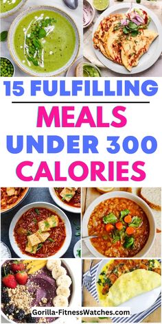 a collage of different meals with text overlay that reads 15 full filling meals under 300 calories