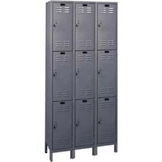 four metal lockers with doors on each side