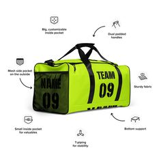 Customizable Green Travel Bags, Customizable Sporty School Bags, Sporty Customizable School Bags, Multifunctional Sports Duffle Bag, Rectangular, Multifunctional Rectangular Duffle Bag For Sports, Large Capacity Rectangular Bags For Sports Events, Functional Green Rectangular Gym Bag, Sporty Green Duffle Bag For Sports, Trendy Green Sports Bags