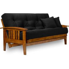 a wooden futon with black pillows on it's back and armrests