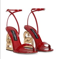 Fits True To Size. Open Toe. Buckled Ankle Strap. Dg Crossover Logo Heel In Metal-Tone Carbon. 4.25" Sculptural Heel. Patent Leather Upper, Leather Lining And Sole. Made In Italy. Color: Red Luxury Red Sandals For Gala, Luxury Heels, Wedding Dress Shoes, Red High, Dolce E Gabbana, Red Bottoms, Carrie Bradshaw, Moda Vintage, Mode Vintage