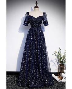 Get 10% off now! Buy dark navy bling stars modest prom dress with sleeves at cheap price online. Free stable shipping and pro custom service since 2009. Blue Starry Dress, Night Sky Dress, Heart Neckline Dress, Starry Dress, Bridgerton Dresses, Short Sleeve Prom Dresses, Starry Night Dress, Sweet Heart Neckline, Stars Dress