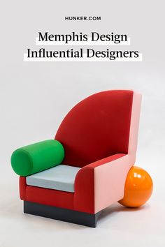 a colorful chair with an orange ball in front of it and the words, memphiis design infocential designers