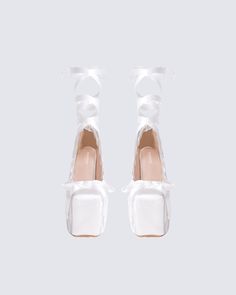 Satin Platform Heels, White Platform Heels, Soft Feminine Outfits, Black Off Shoulder Top, Feminine Outfits, Rhinestone Top, Simply Irresistible, Black Off Shoulder, White Platform