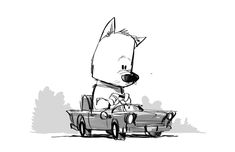 a black and white drawing of a cat driving a car