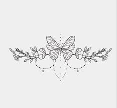 a line drawing of a butterfly with flowers and leaves on it's head,