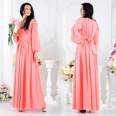 "V-neck Dress With Sleeves ● The perfect formal dress ● Does not leave anyone indifferent lover of comfort, elegance and quality ● Can be made in different colors! (write what you want in the comments to the order) ● Beautiful V-neck ● Long sleeves ● Beautiful chiffon belt tied at the back ● Flowy skirt is made with two layers of the chiffon ● Standard length 153cm (60 inches) fits as full length dress ● We can make a dress with custom length if you need Please, find your size in STANDARD SIZE G Formal Chiffon V-neck Gown, Pink Chiffon V-neck Maxi Dress, Chiffon Maxi Wedding Dress, Feminine Chiffon V-neck Dress For Wedding, Feminine Evening Chiffon Dress With V-neck, Formal Floor-length Chiffon Maxi Dress, Flowy Floor-length Chiffon Dress For Wedding, Formal Chiffon Maxi Dress For Prom, Elegant Floor-length Chiffon Dress For Wedding Guest