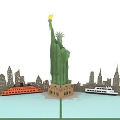 the statue of liberty stands in front of a cityscape with boats floating around it