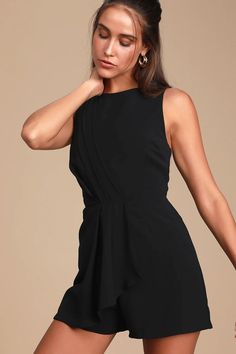 Keep the Lulus My Dear Black Pleated Sleeveless Romper close to your heart and up front in your on-trend collection! Lightweight woven fabric sweeps across a high, rounded neckline and into a sleeveless bodice (with a keyhole at back, secured with a round button). Tailored pleats at front continue into the fitted waist, and across an overlapping panel that creates a faux wrap look atop attached shorts. Hidden back zipper/clasp. Fit: This garment fits true to size. Length: Above mid-thigh. Size m Chic Sleeveless Tank Top For Evening, Chic Sleeveless Evening Tank Top, Black Sleeveless Top With Back Zipper, Sleeveless Black Top With Back Zipper, Sleeveless Dress With Back Zipper For Night Out, Chic Sleeveless Evening Dress With Back Zipper, Black Sleeveless Tank Top For Date Night, Chic Sleeveless Tank Top For Date Night, Sleeveless Tops With Back Zipper For Spring