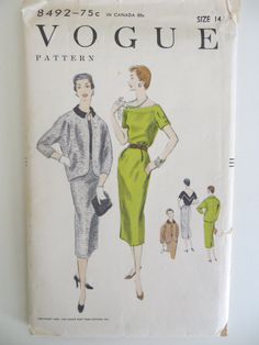 an old fashion sewing pattern for a woman's dress and jacket, from the 1950's