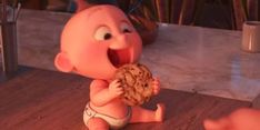 a cartoon character holding a cookie up to his mouth