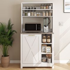 a kitchen with a microwave, coffee maker and other items on the shelf next to a potted plant