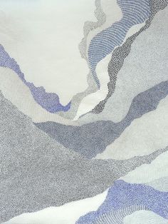 an abstract painting with blue and white lines on the fabric, as well as dots