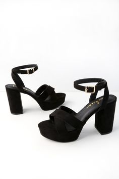 Kick your OOTN up a notch by slipping on the Lulus Selah Black Suede Ankle Strap Heels! Thick, vegan suede straps cross over a peep-toe upper, while an ankle strap wraps around ankle and secures with a gold buckle. 1"" toe platform. 4" wrapped block heel. Cushioned insole. Rubber sole has nonskid markings. All Man Made Materials. Imported. Lulus | Selah Black Suede Ankle Strap Heels | Vegan Friendly. Thick Vegan, Trendy High Heels, Black Ankle Strap Heels, Womens Black Booties, Black Platform Heels, Prom Heels, Ankle Strap High Heels, Heels Platform, Fashion Heels