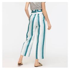 J. Crew | Cabana Stripe Linen Pant =+ Brand: J. Crew =+ Fit: True-To-Size = Size: Womens' 8 =* Color: Turquoise Jade White =* Features: A Polished Tie Waist, And Breezy Linen Fabrication. Zip Fly. On-Seam Pockets. = Condition: New With Tags. = Material: Linen. Lined. = Fit: High Rise. Slim Through Hip And Thigh, With A Cropped, Wide Leg. Front Rise: 14", 25" Inseam; 22 1/2" Leg Opening (Based On A Size 6) White High Waist Bottoms With Vertical Stripes, High Waist White Bottoms With Vertical Stripes, High Waist White Pants With Vertical Stripes, Chic Striped Relaxed Fit Bottoms, Chic Relaxed Fit Striped Bottoms, Summer Straight Leg Bottoms With Vertical Stripes, High Waist Striped Pants For Beach, Vertical Stripes Bottoms For Summer Workwear, White Bottoms With Vertical Stripes For Summer