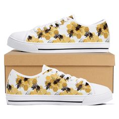 CHRISTMAS ORDERS: Please note orders placed today will not arrive before Christmas. A unique and original pair of high quality, canvas sneakers with cool bee and hive print. The perfect gift for the bee lover! These custom sneakers are printed canvas with rounded toe and lace-up closure for a snug, comfortable fit. Eyelets are metal for that classic look. The sneakers feature a soft textile lining with lightweight construction for maximum comfort and high-quality outsole for traction and excepti White Low-top Sneakers As Gift, Yellow Cotton Lace-up Sneakers, Yellow Cotton Low-top Sneakers, Yellow Cotton Sneakers For Spring, Casual Lace-up Sneakers As Gift, Yellow Cotton Spring Sneakers, Bee Shoes, Shoes Low Top, Bee Lover Gifts