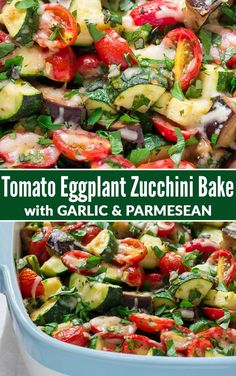 an eggplant zucchini bake with garlic and parmesan in a blue casserole dish