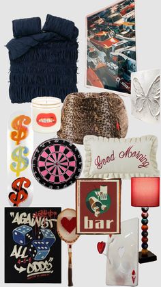 a collage of various items including pillows, cards, and other decorative items are arranged on a white background