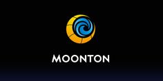 the moonton logo on a black background with blue and yellow swirls in the center