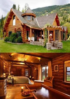 the before and after pictures show how to decorate a log cabin in an open field