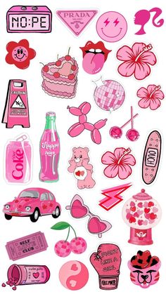 pink stickers are arranged in the shape of hearts, flowers and other things on a white background