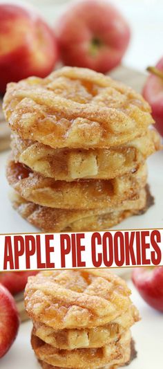 apple pie cookies stacked on top of each other with apples in the background and text overlay