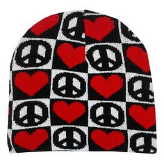 a beanie with hearts and peace signs on it