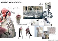 a collage of different items including clothing, flowers and hair accessories with words describing the fabric modifications