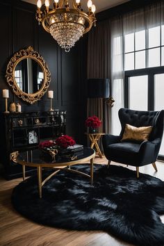 a living room filled with furniture and a chandelier