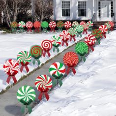 candy canes are lined up in front of a white house on a snowy day