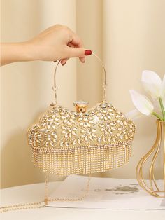 Gold Bag, Party Events, Luxury Purses, Gold Collar, Rhinestone Decor, Box Bag