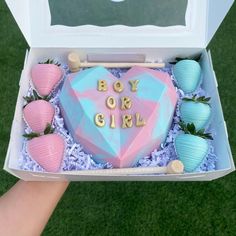 a box that has some strawberries in it and the words boy or girl written on it