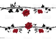 two red roses on barbed wire with leaves and flowers in the center, set against a white background