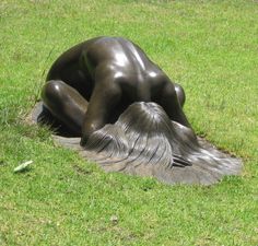 a bronze statue laying on top of a lush green field