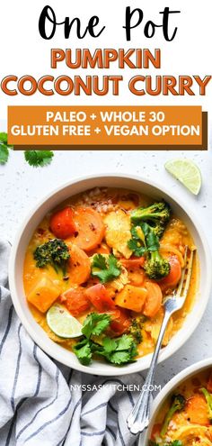 two bowls of pumpkin coconut curry with limes and cilantro on the side