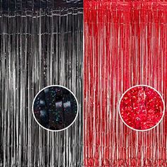 red and silver tinsel hanging from the side of a wall with two circles on it