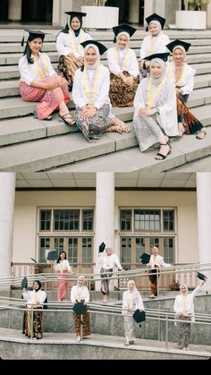 two pictures of people sitting on the steps in front of some stairs and one is wearing a graduation gown