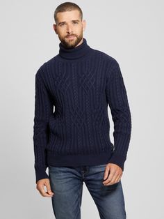 Cable-knit sweater Foldover turtle neckline Ribbed trim Long sleeves 50% Organic Cotton, 43% Polyamide/Nylon, 7% Wool. Contains organic cotton fibers. Blue Sweaters, Cotton Fiber, Sweater Hoodie, Cable Knit, Knit Sweater, Sweater Top, Knitted Sweaters, Organic Cotton, Cable