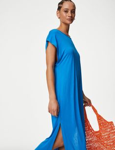 Jersey High Neck Midi T-Shirt Dress | M&S US Oversized Crew Neck T-shirt Dress For Summer, Casual Midi Dress With Side Slits, Summer Dress With Side Slits And Crew Neck, Casual Longline Maxi Dress For Summer, Summer Dresses With Side Slits And Crew Neck, Casual Longline Midi Dress For Summer, Oversized Casual Summer Maxi Dress, Casual Oversized Dress With Side Slits, Knee-length Cotton T-shirt Dress For Summer