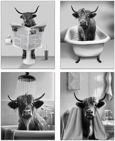 black and white photographs of cows in bathtub with newspaper on head, one reading