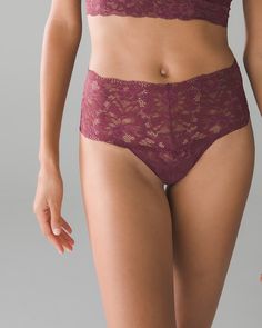 A wide lace waistband, featuring our updated signature lace design, with a higher rise puts a retro spin on our classic Embraceable thong. Comfortable style with Soma Intimates. Details Wide floral lace waistband with V-front and back. Lace is soft, breathable and lays flat against skin. Minimal back coverage, for no show under clothing. Waist lace: 92% nylon, 8% spandex; Body: 100% nylon; Gusset: 100% cotton. Machine wash. Imported. Feminine Fitted Bottoms With Contrast Lace, Feminine Lace Seamless Bottoms, Feminine Seamless Lace Bottoms, Fitted High-cut Leg Bottoms With Delicate Lace, Seamless Full Coverage Lace Bottoms, Fitted Bottoms With Delicate Lace And High-cut Leg, High-cut Lace Bottoms With Lace Trim, High-cut Leg Lace Bottoms With Lace Trim, Elegant Seamless Lace Bottoms